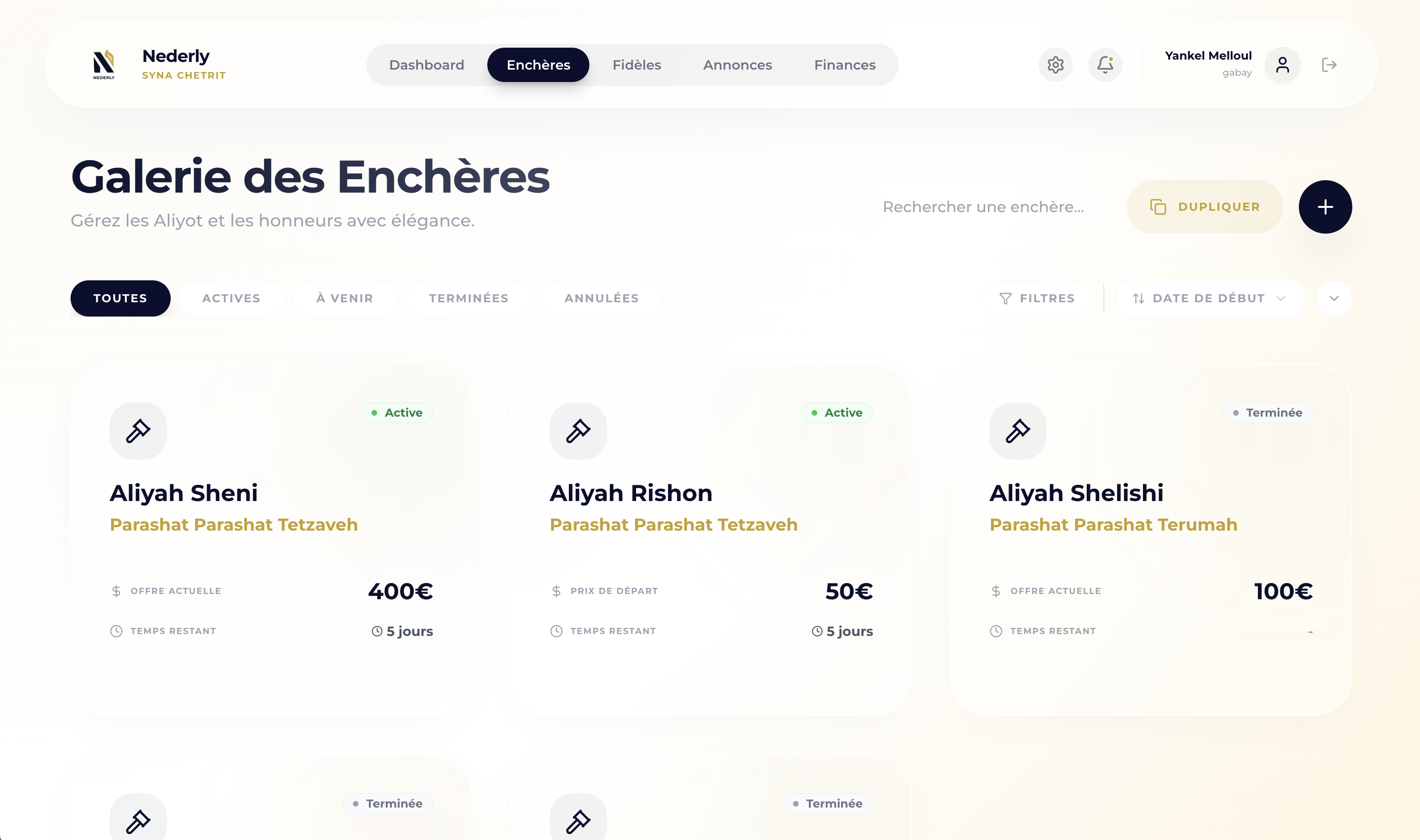 Galerie des enchères - interface administrateur Nederly