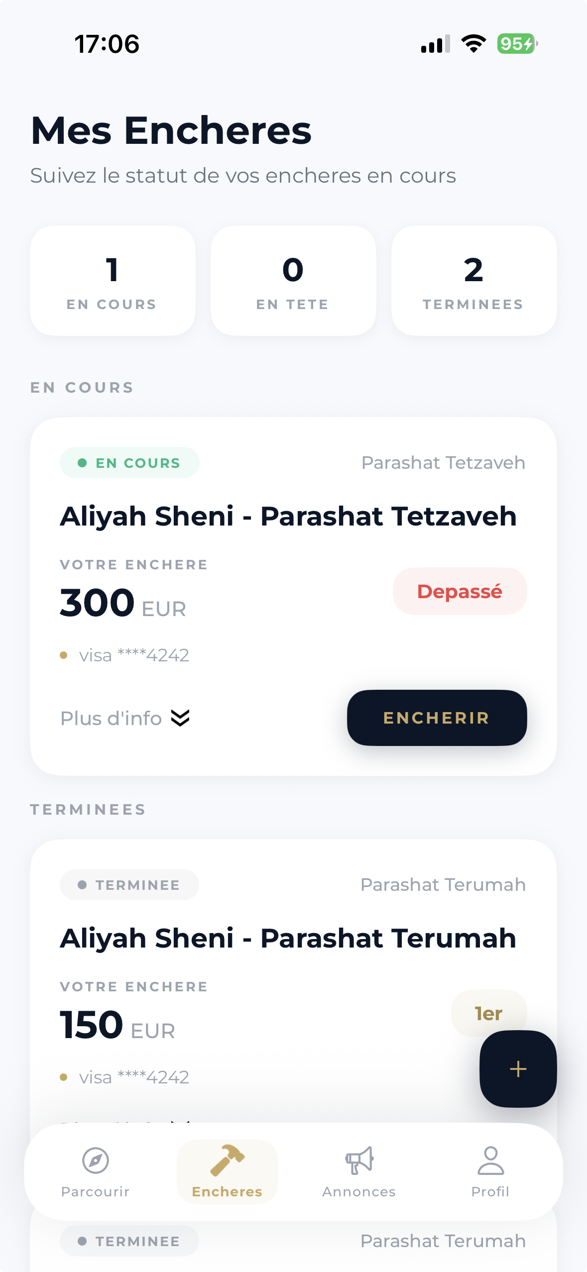 Liste des enchères de Aliyot sur l'application Nederly