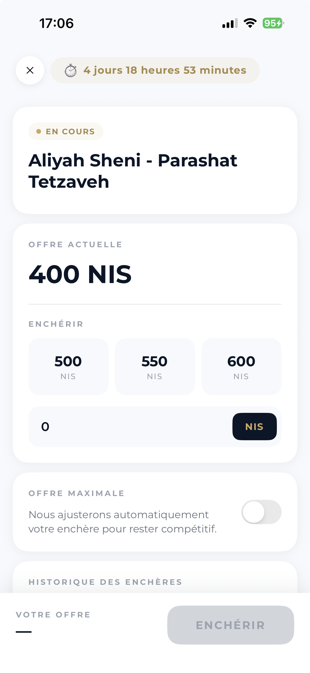 Ecran d'enchère Nederly - enchères de Aliyot en temps réel